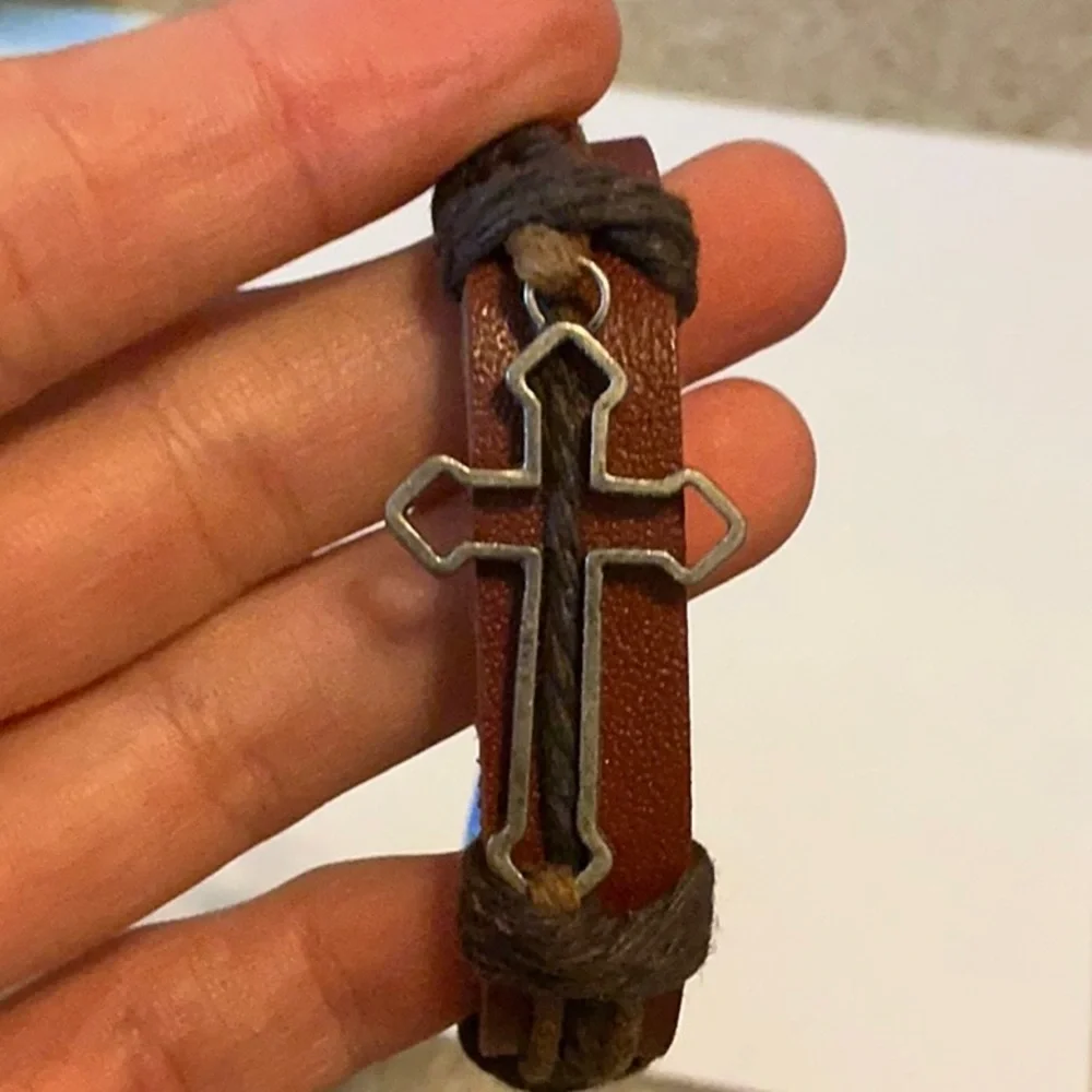 Brown Faux Leather Cross Bracelet - Picture 3 of 3